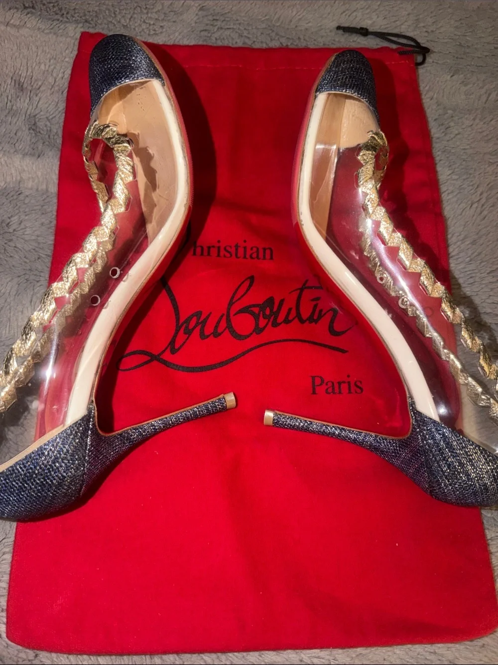 Preloved Christian Louboutin Navy and Gold Braided-Trim Pointed Pumps